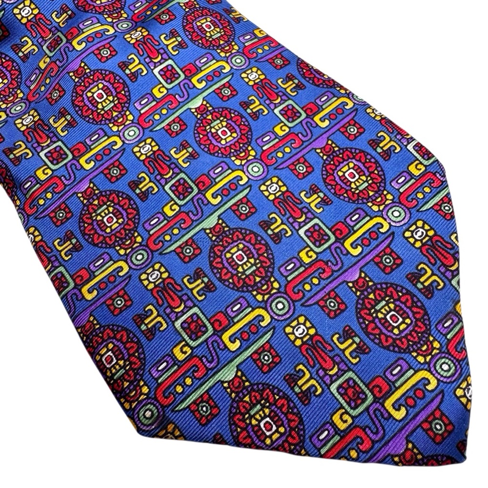 Christian Dior 100% Silk Colorful Aztec Mayan Tribal Necktie Tie Preppy Academia
